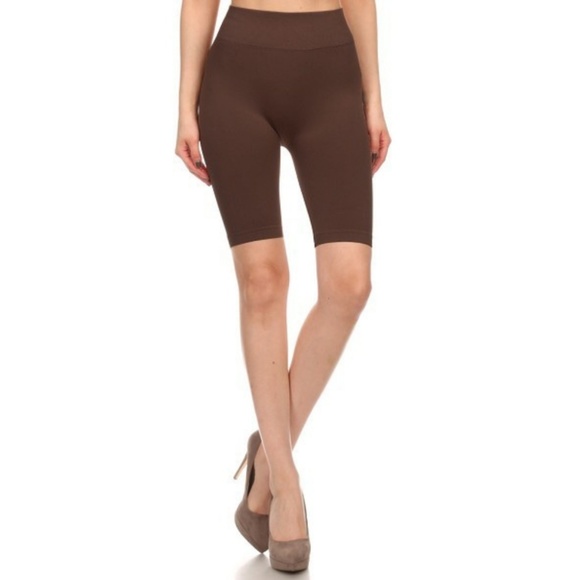 Pants - Solid Color Seamless Basic Biker Shorts Coffee BR